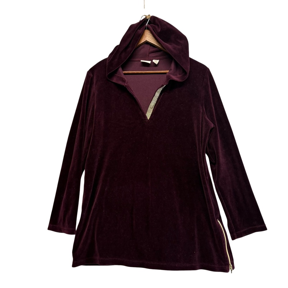 Chicos Hoodie Womens 2 US L Burgundy Velour Velvet V-Neck Rhinestone Loungewear